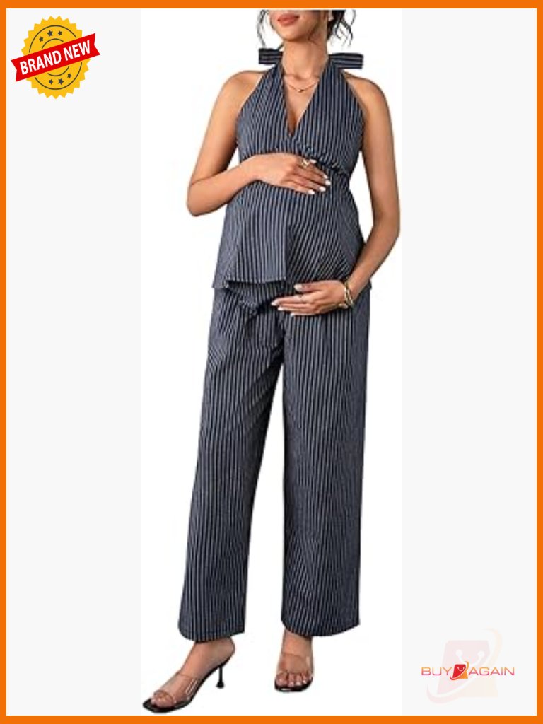 Maternity 2 Piece Outfits Striped Ruffle Halter Top And Pants Set Business